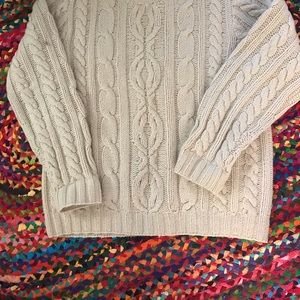 Mens J. Crew Cable Knit cream colored 100%Wool Sweater